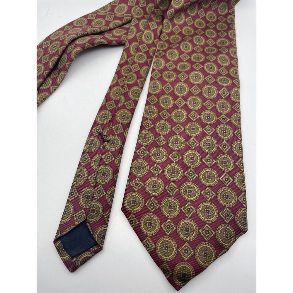 Brooks Brothers Makers Silk Tie Burgundy Gold Geometric Medallion Made in USA